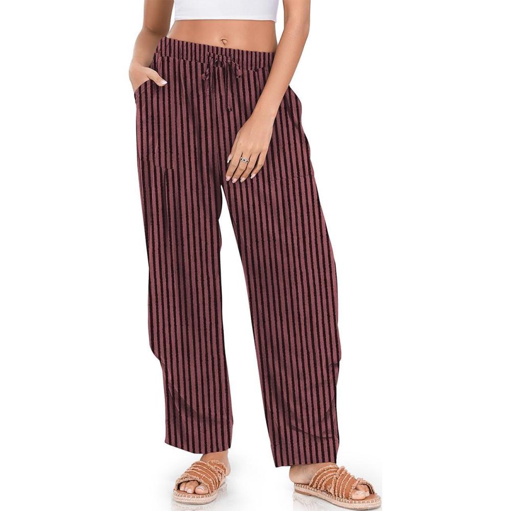 image:imageTARSE Women Linen Baggy Harem Pants Summer Drawstring Casual Lounge Pant 2026 Beach Travel Vacation Clothes with PocketsBlackrose Striped