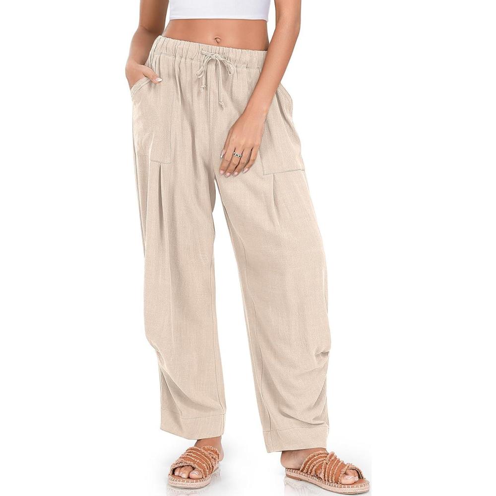 image:imageTARSE Women Linen Baggy Harem Pants Summer Drawstring Casual Lounge Pant 2026 Beach Travel Vacation Clothes with PocketsHeather Light Khaik