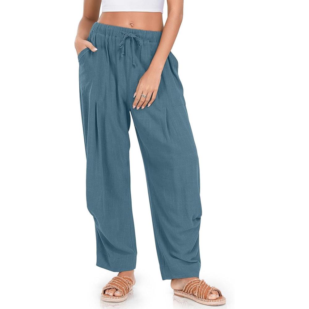image:imageTARSE Women Linen Baggy Harem Pants Summer Drawstring Casual Lounge Pant 2026 Beach Travel Vacation Clothes with PocketsLake Blue