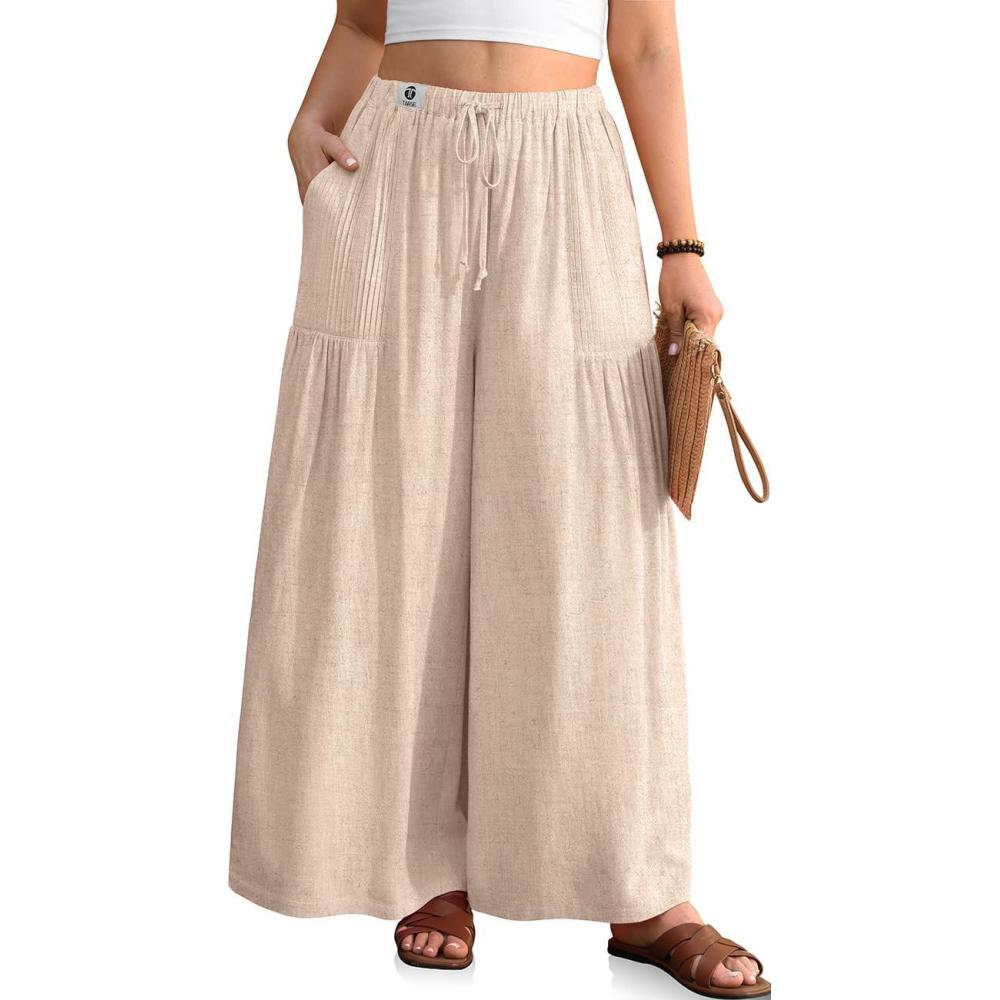 image:imageTARSE Womens Linen Wide Leg Cropped Pants Baggy Palazzo Boho Casual Elastic Waist Summer Beach Skirt Pants with PocketsHeather Light Khaki