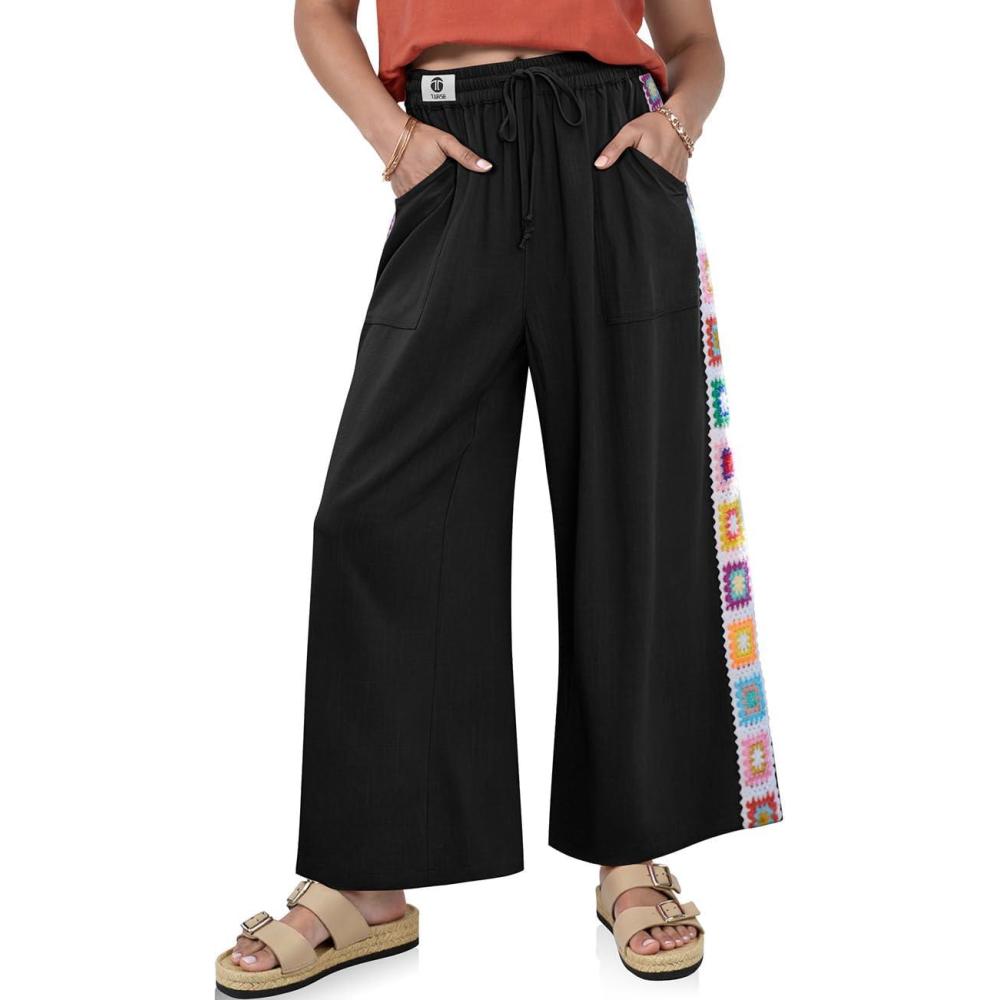image:imageTARSE Womens Wide Leg Linen Pants Summer Casual Drawstring Loose Lounge Palazzo Crochet Panel Pant with PocketBlack