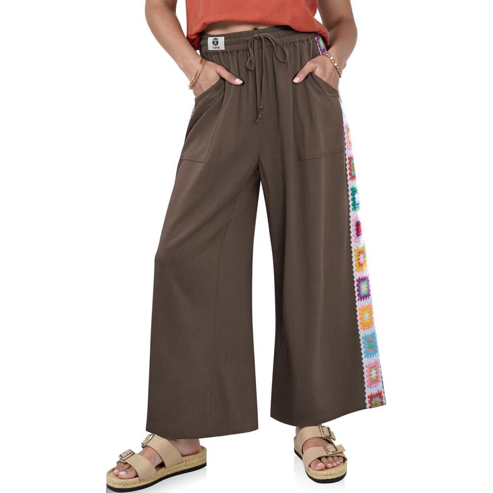 image:imageTARSE Womens Wide Leg Linen Pants Summer Casual Drawstring Loose Lounge Palazzo Crochet Panel Pant with PocketDark Coffee