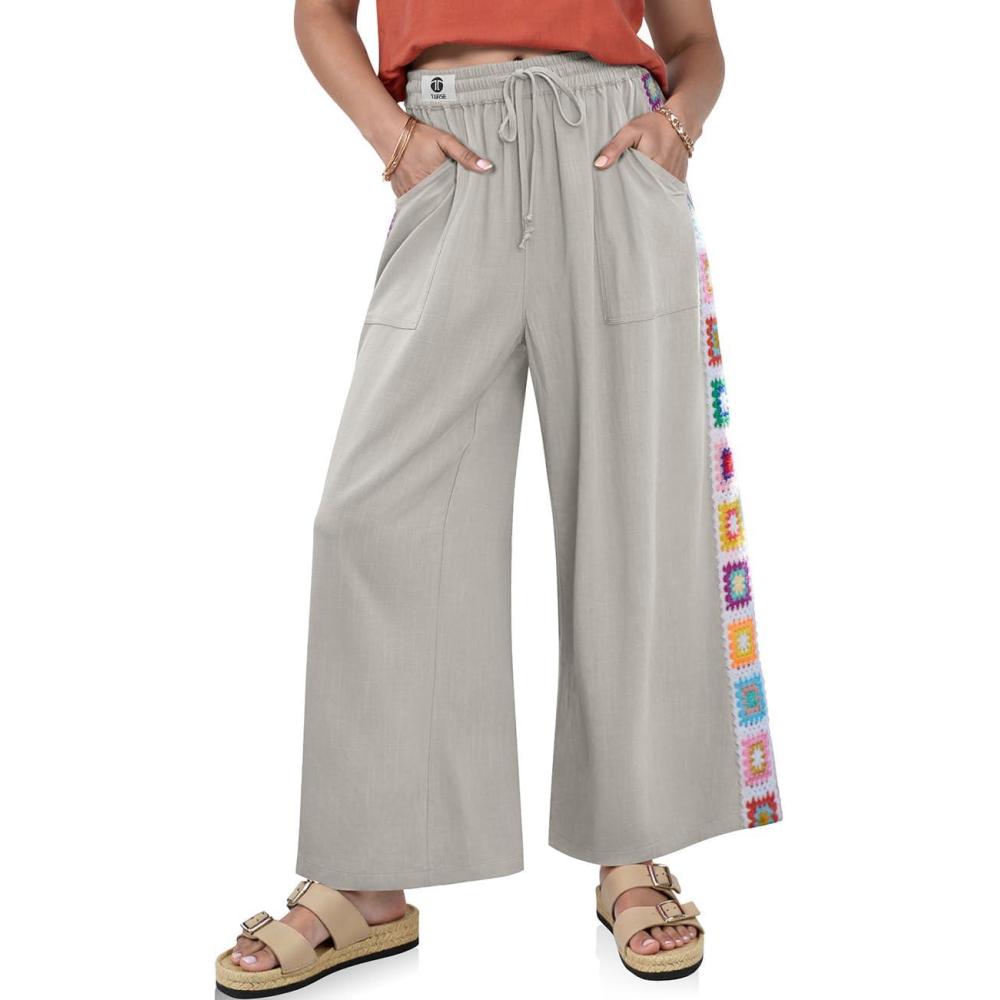 image:imageTARSE Womens Wide Leg Linen Pants Summer Casual Drawstring Loose Lounge Palazzo Crochet Panel Pant with PocketLight Gray