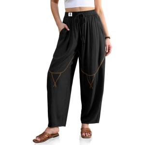 TARSE Womens Linen Harem Pants Wide Leg Barrel Casual Loose Fit Cropped Drawstring Elastic Waist Pants with Pockets(Black)