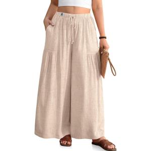 TARSE Womens Linen Wide Leg Cropped Pants Baggy Palazzo Boho Casual Elastic Waist Summer Beach Skirt Pants with Pockets(Heather Light Khaki)