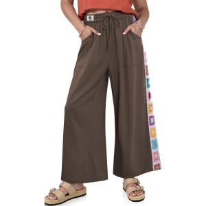 TARSE Womens Wide Leg Linen Pants Summer Casual Drawstring Loose Lounge Palazzo Crochet Panel Pant with Pocket(Dark Coffee)
