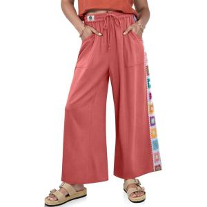 TARSE Womens Wide Leg Linen Pants Summer Casual Drawstring Loose Lounge Palazzo Crochet Panel Pant with Pocket(Grenadine)
