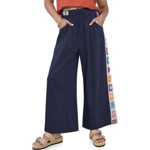 TARSE Womens Wide Leg Linen Pants Summer Casual Drawstring Loose Lounge Palazzo Crochet Panel Pant with Pocket(Navy)