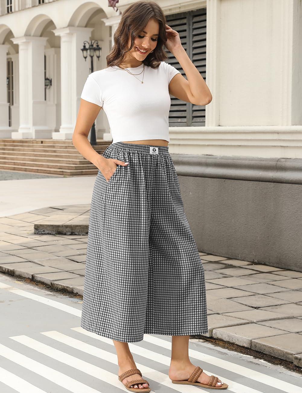 image:imageTARSE Womens Gingham Wide Leg Cropped Pants Casual Loose Plaid Culottes Elastic Waist Palazzo Pants with PocketsBlack White Plaid