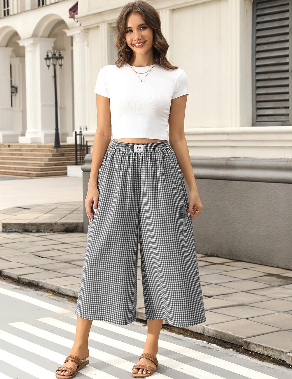 image:imageTARSE Womens Gingham Wide Leg Cropped Pants Casual Loose Plaid Culottes Elastic Waist Palazzo Pants with PocketsBlack White Plaid