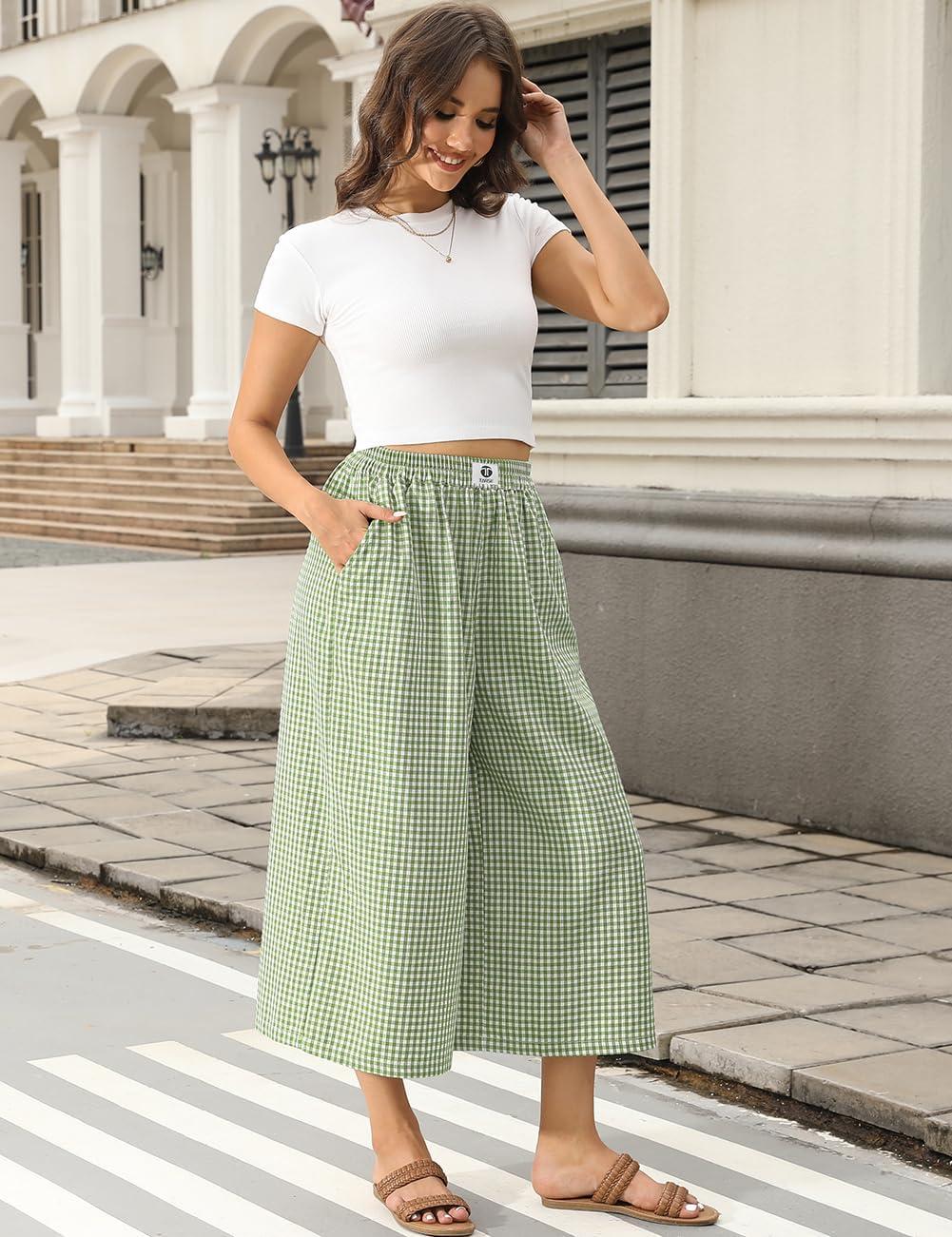 image:imageTARSE Womens Gingham Wide Leg Cropped Pants Casual Loose Plaid Culottes Elastic Waist Palazzo Pants with PocketsGreen White Plaid