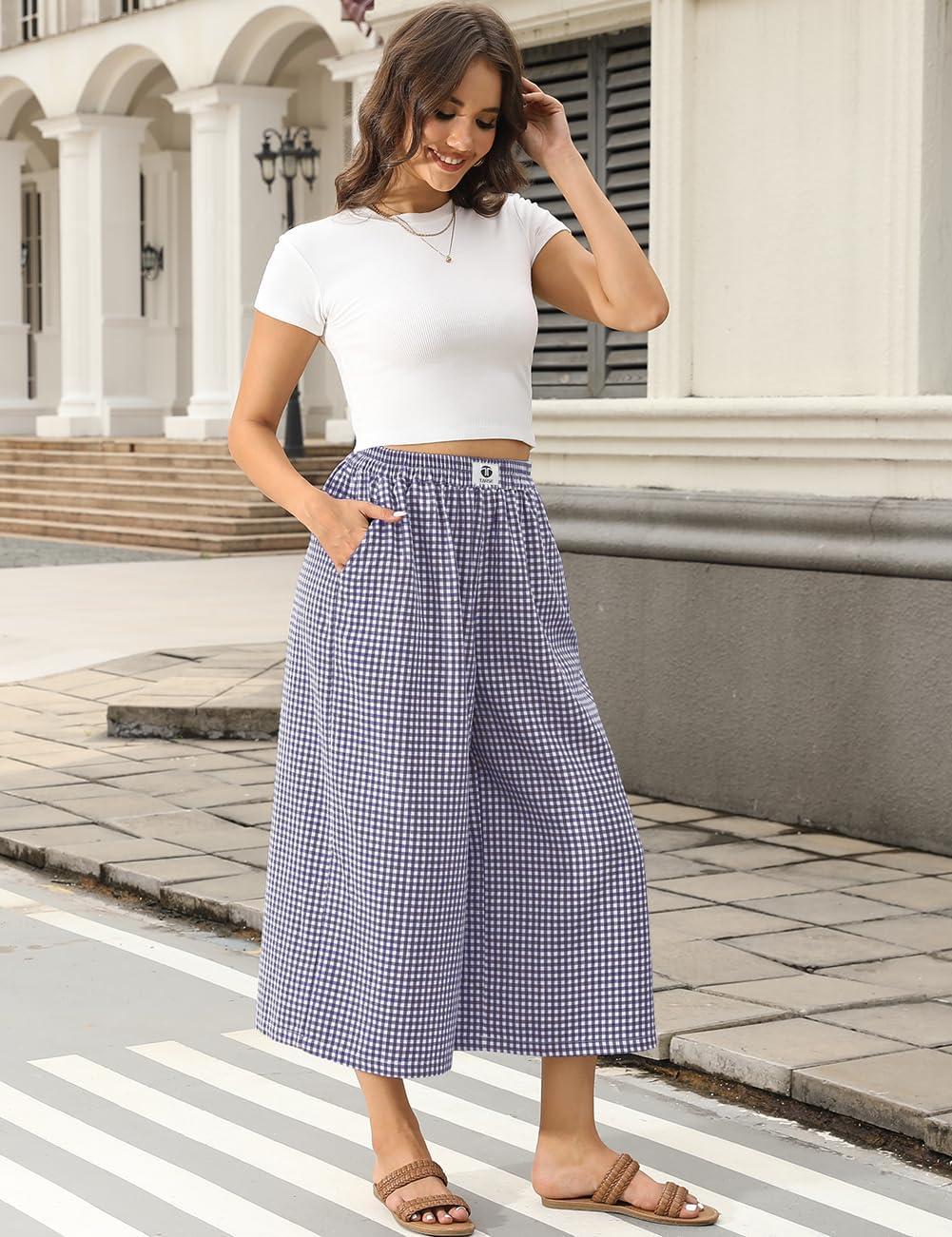image:imageTARSE Womens Gingham Wide Leg Cropped Pants Casual Loose Plaid Culottes Elastic Waist Palazzo Pants with PocketsPurple White Plaid