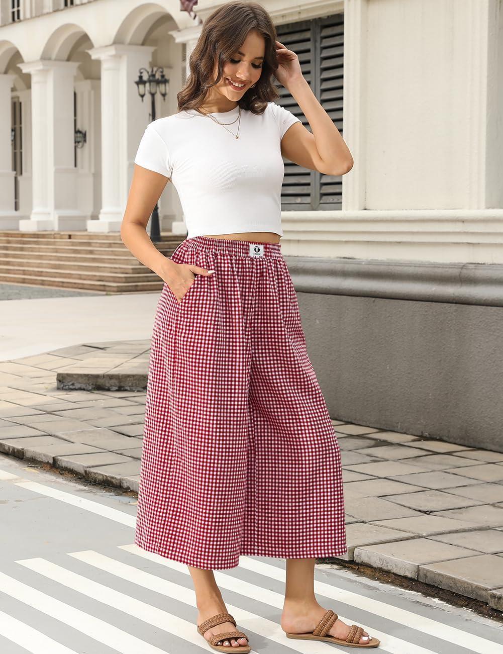 image:imageTARSE Womens Gingham Wide Leg Cropped Pants Casual Loose Plaid Culottes Elastic Waist Palazzo Pants with PocketsRed White Plaid