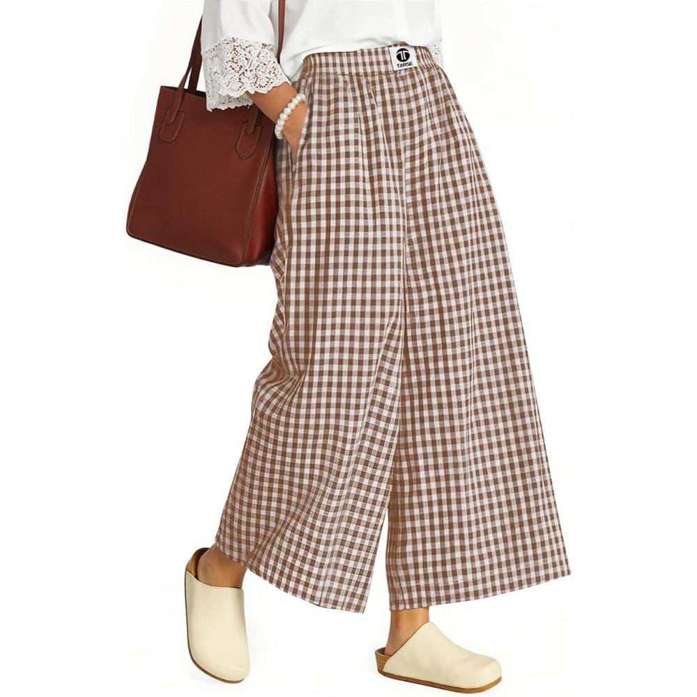 image:imageTARSE Womens Gingham Wide Leg Cropped Pants Casual Loose Plaid Culottes Elastic Waist Palazzo Pants with PocketsCoffee White Plaid