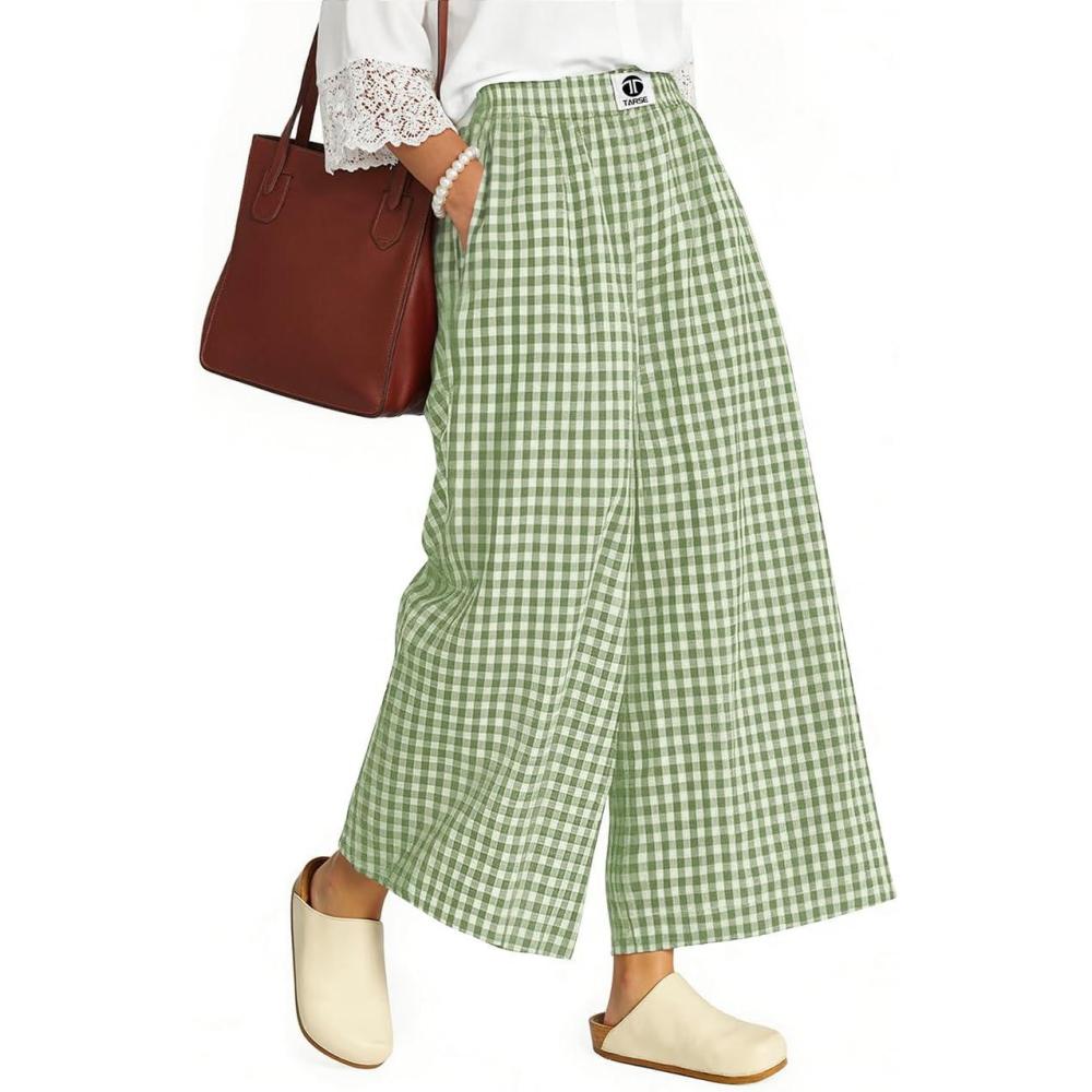 image:imageTARSE Womens Gingham Wide Leg Cropped Pants Casual Loose Plaid Culottes Elastic Waist Palazzo Pants with PocketsGreen White Plaid