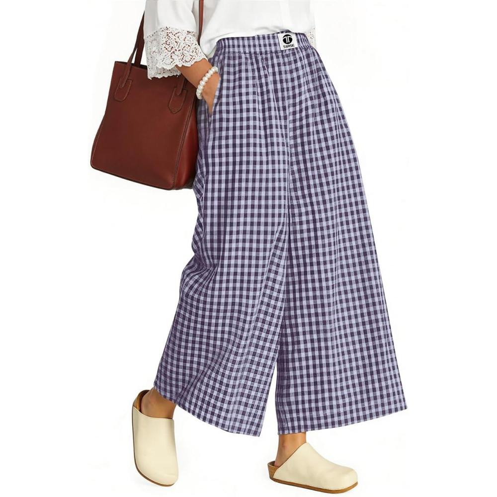 image:imageTARSE Womens Gingham Wide Leg Cropped Pants Casual Loose Plaid Culottes Elastic Waist Palazzo Pants with PocketsPurple White Plaid