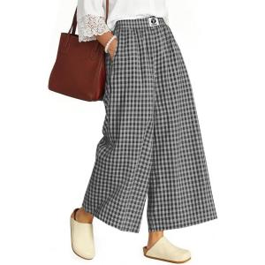 TARSE Womens Gingham Wide Leg Cropped Pants Casual Loose Plaid Culottes Elastic Waist Palazzo Pants with Pockets(Black White Plaid)