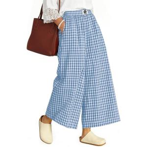 TARSE Womens Gingham Wide Leg Cropped Pants Casual Loose Plaid Culottes Elastic Waist Palazzo Pants with Pockets(Blue White Plaid)