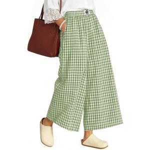 TARSE Womens Gingham Wide Leg Cropped Pants Casual Loose Plaid Culottes Elastic Waist Palazzo Pants with Pockets(Green White Plaid)