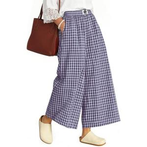 TARSE Womens Gingham Wide Leg Cropped Pants Casual Loose Plaid Culottes Elastic Waist Palazzo Pants with Pockets(Purple White Plaid)