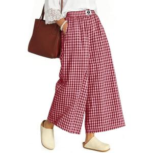 TARSE Womens Gingham Wide Leg Cropped Pants Casual Loose Plaid Culottes Elastic Waist Palazzo Pants with Pockets(Red White Plaid)