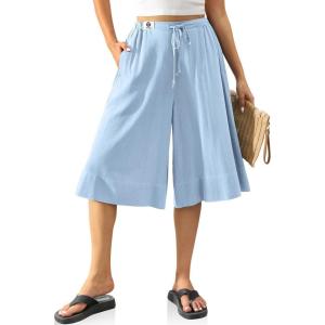 TARSE Womens Linen Capri Pants Wide Leg Elastic Waist Cropped Pants Casual Summer Beach Vacation(Aqua Blue)