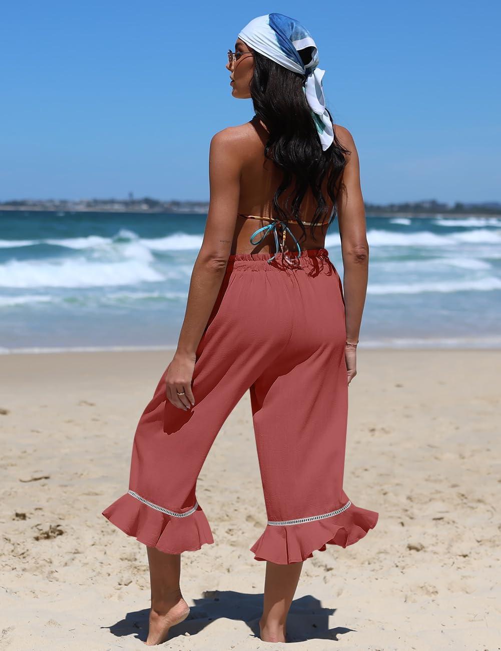 image:imageTARSE Womens Linen Capri Pants High Waisted Lightweight Drawstring Wide Leg Flared Ruffle Hem Palazzo Pants with PocketRust Red