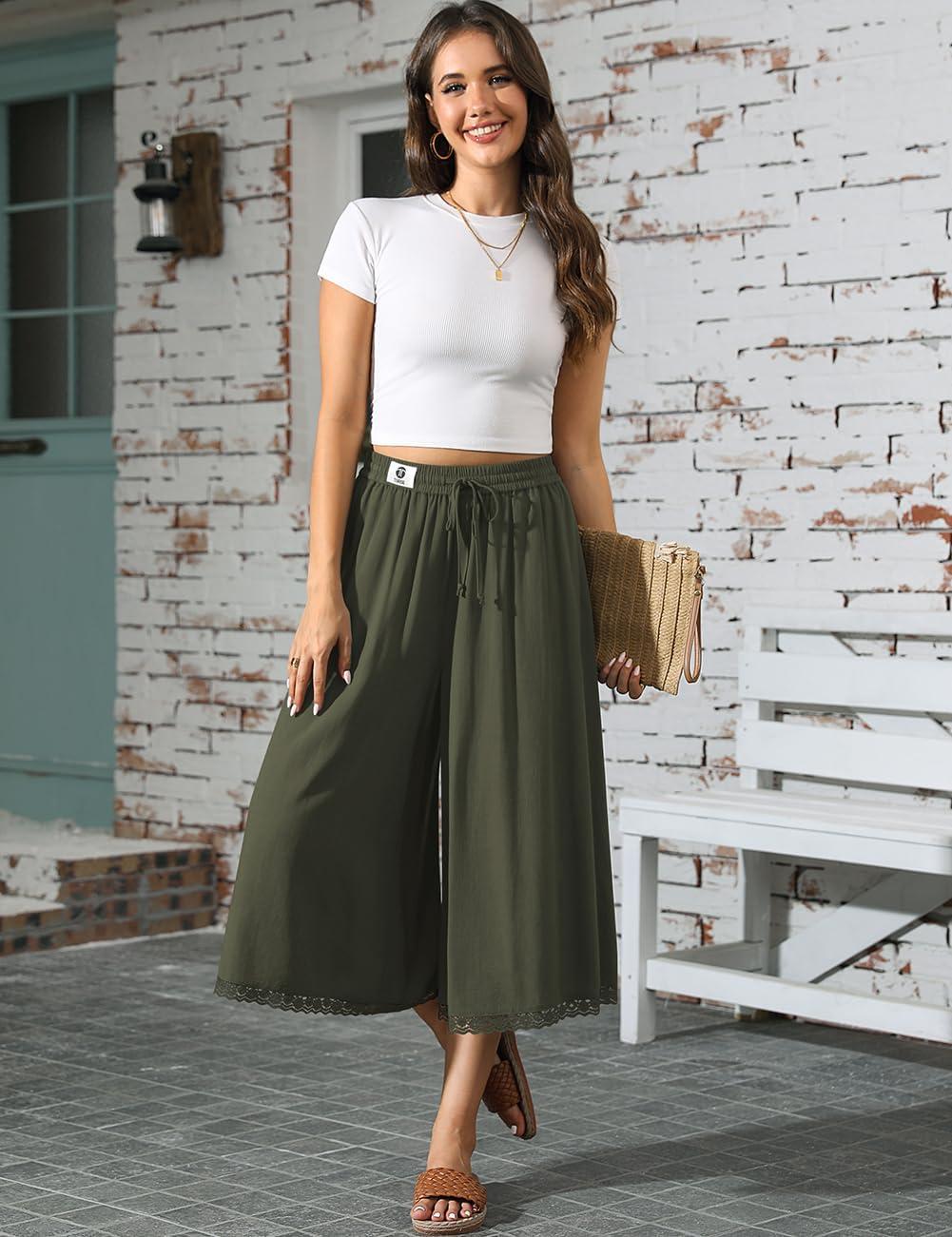 image:imageTARSE Womens Linen Culottes Wide Leg Flowy Pants Palazzo Casual Drawstring Summer Loose Lace Trim Capris with PocketsArmy Green
