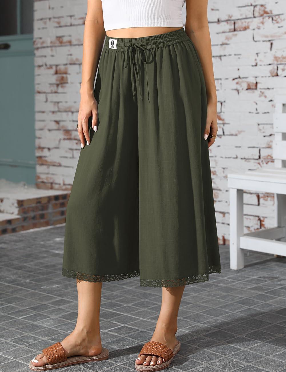 image:imageTARSE Womens Linen Culottes Wide Leg Flowy Pants Palazzo Casual Drawstring Summer Loose Lace Trim Capris with PocketsArmy Green