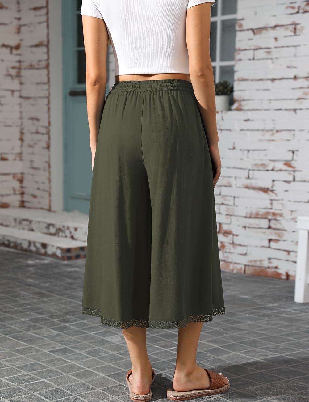 image:imageTARSE Womens Linen Culottes Wide Leg Flowy Pants Palazzo Casual Drawstring Summer Loose Lace Trim Capris with PocketsArmy Green