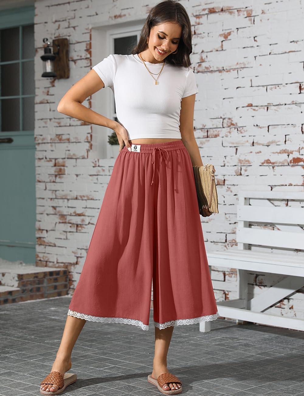 image:imageTARSE Womens Linen Culottes Wide Leg Flowy Pants Palazzo Casual Drawstring Summer Loose Lace Trim Capris with PocketsRust Red