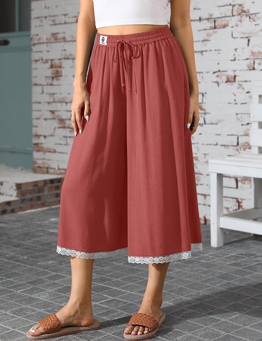 image:imageTARSE Womens Linen Culottes Wide Leg Flowy Pants Palazzo Casual Drawstring Summer Loose Lace Trim Capris with PocketsRust Red