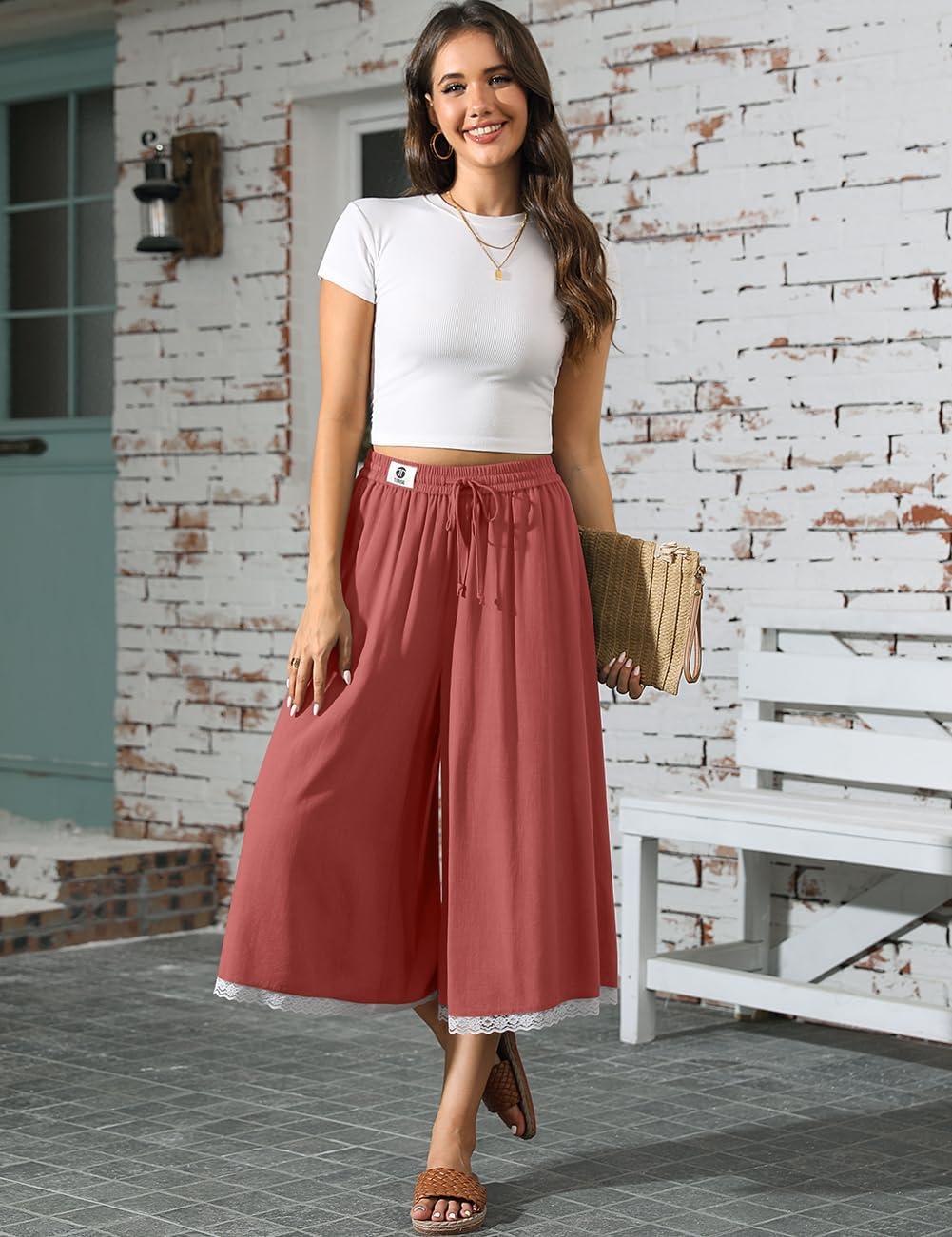 image:imageTARSE Womens Linen Culottes Wide Leg Flowy Pants Palazzo Casual Drawstring Summer Loose Lace Trim Capris with PocketsRust Red