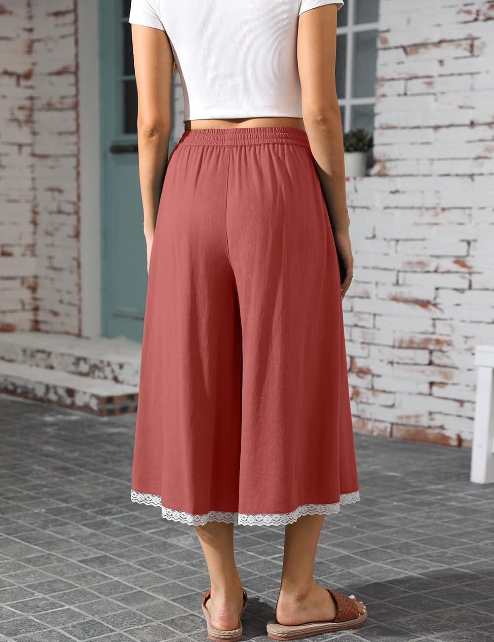 image:imageTARSE Womens Linen Culottes Wide Leg Flowy Pants Palazzo Casual Drawstring Summer Loose Lace Trim Capris with PocketsRust Red