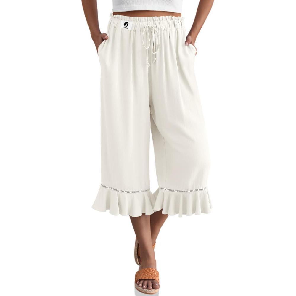 image:imageTARSE Womens Linen Capri Pants High Waisted Lightweight Drawstring Wide Leg Flared Ruffle Hem Palazzo Pants with PocketMilky White