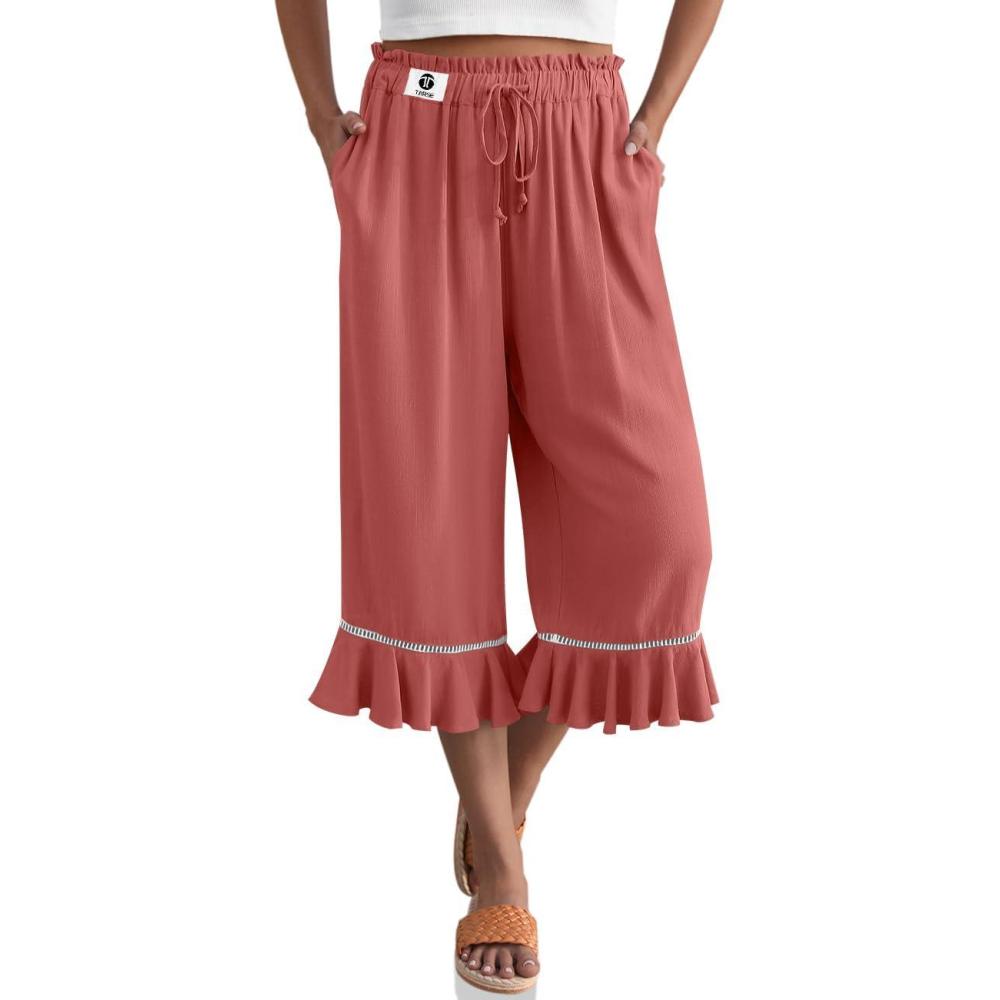 image:imageTARSE Womens Linen Capri Pants High Waisted Lightweight Drawstring Wide Leg Flared Ruffle Hem Palazzo Pants with PocketRust Red