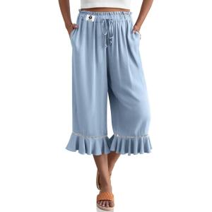TARSE Women’s Linen Capri Pants High Waisted Lightweight Drawstring Wide Leg Flared Ruffle Hem Palazzo Pants with Pocket(Aqua Blue)