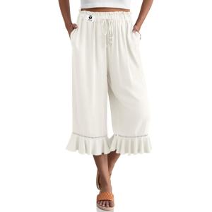 TARSE Women’s Linen Capri Pants High Waisted Lightweight Drawstring Wide Leg Flared Ruffle Hem Palazzo Pants with Pocket(Milky White)