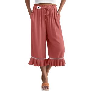 TARSE Women’s Linen Capri Pants High Waisted Lightweight Drawstring Wide Leg Flared Ruffle Hem Palazzo Pants with Pocket(Rust Red)