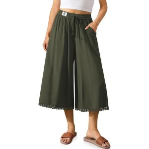 TARSE Women’s Linen Culottes Wide Leg Flowy Pants Palazzo Casual Drawstring Summer Loose Lace Trim Capris with Pockets(Army Green)