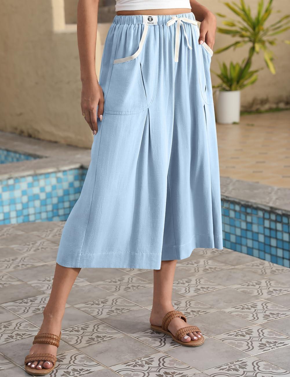image:imageTARSE Linen Capri Pants for Women Drawstring Waist Loose Fit Casual Wide Leg Summer Beach Vacation Lounge PantsAqua Blue