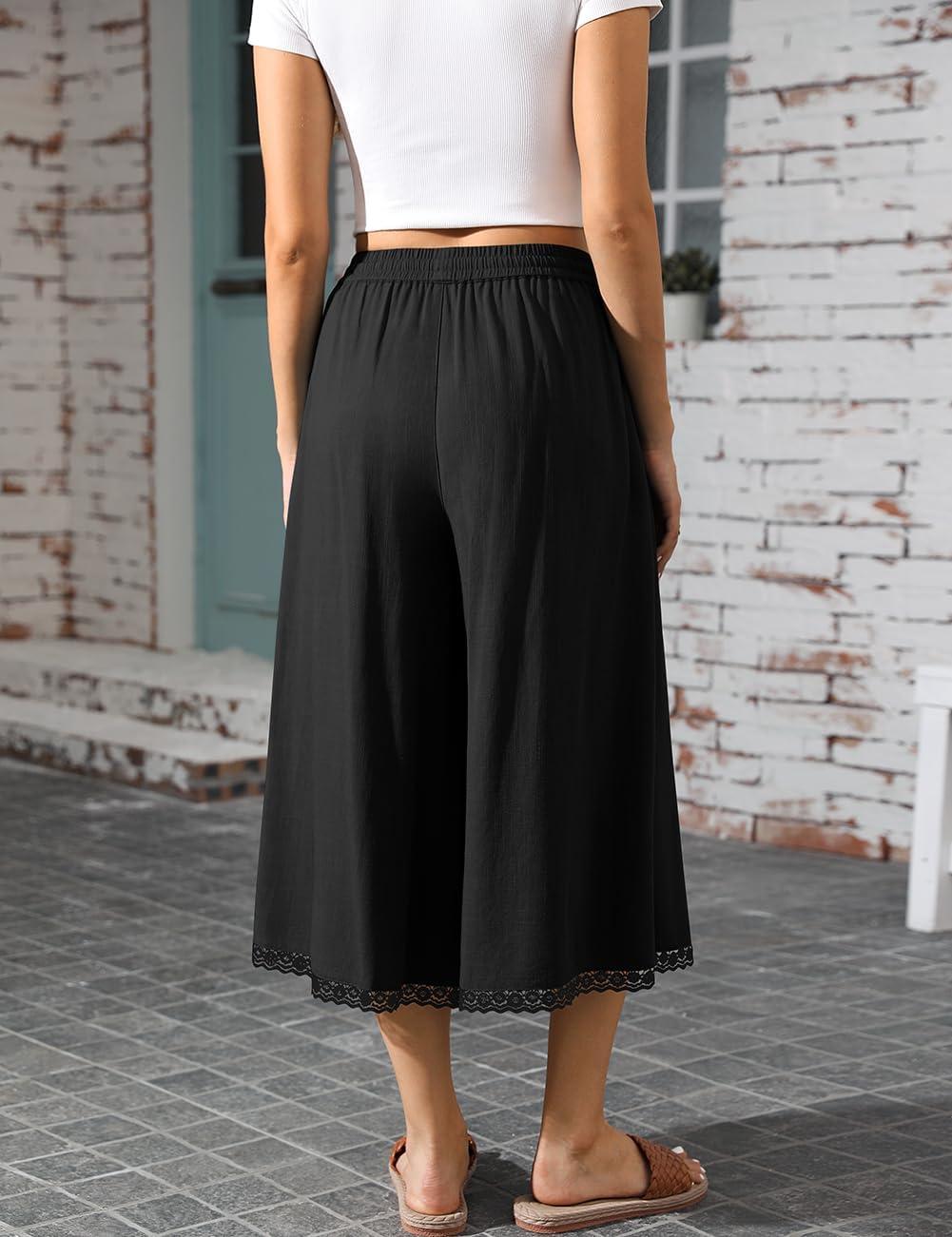 image:imageTARSE Womens Linen Culottes Wide Leg Flowy Capri Pants Palazzo Casual Drawstring Summer Loose Lace Capris with PocketsBlack
