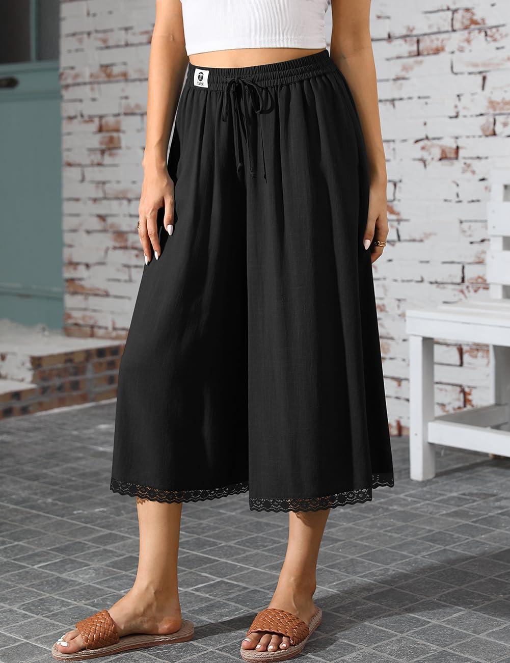 image:imageTARSE Womens Linen Culottes Wide Leg Flowy Capri Pants Palazzo Casual Drawstring Summer Loose Lace Capris with PocketsBlack