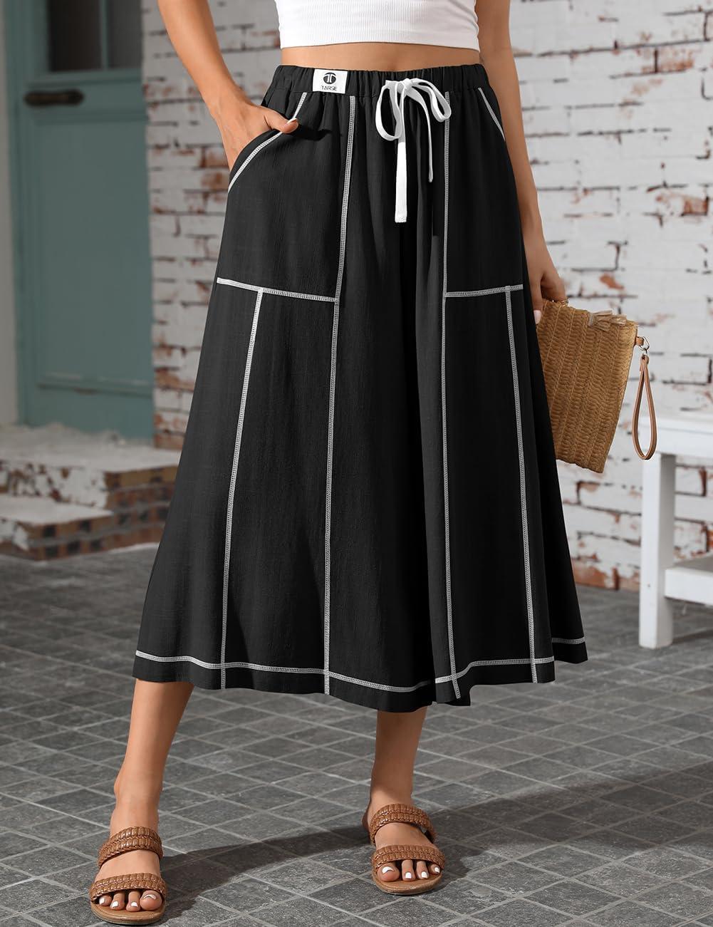 image:imageTARSE Womens Linen Skirt Pants Wide Leg Capri Culottes Boho Summer Casual Vacation Palazzo Pants with PocketBlack