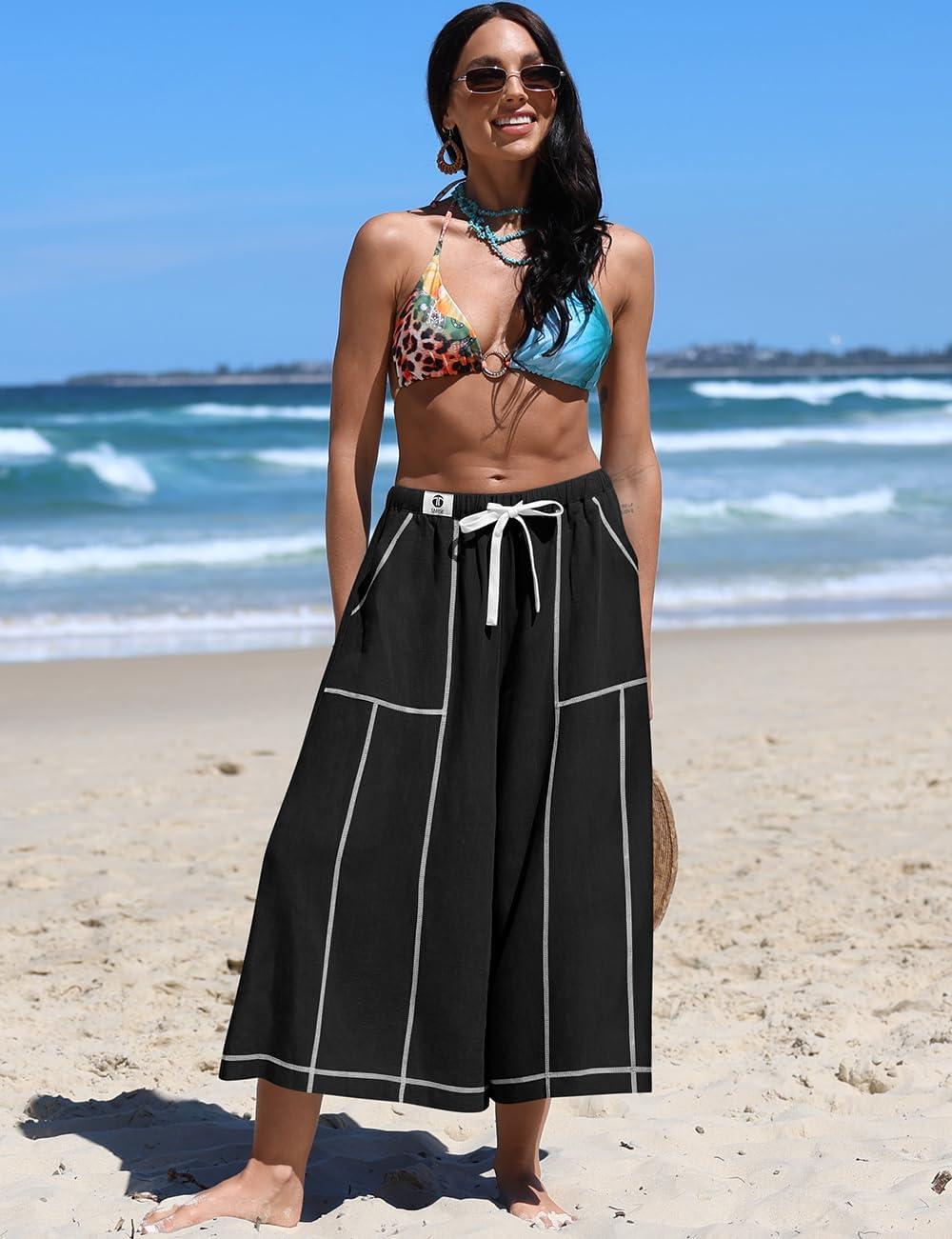 image:imageTARSE Womens Linen Skirt Pants Wide Leg Capri Culottes Boho Summer Casual Vacation Palazzo Pants with PocketBlack