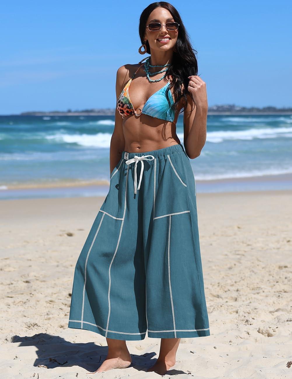 image:imageTARSE Womens Linen Skirt Pants Wide Leg Capri Culottes Boho Summer Casual Vacation Palazzo Pants with PocketLake Blue