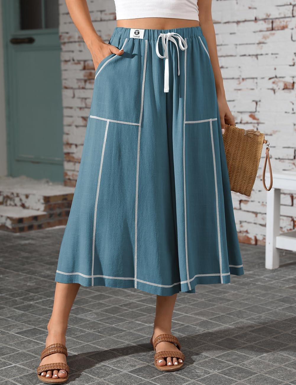 image:imageTARSE Womens Linen Skirt Pants Wide Leg Capri Culottes Boho Summer Casual Vacation Palazzo Pants with PocketLake Blue
