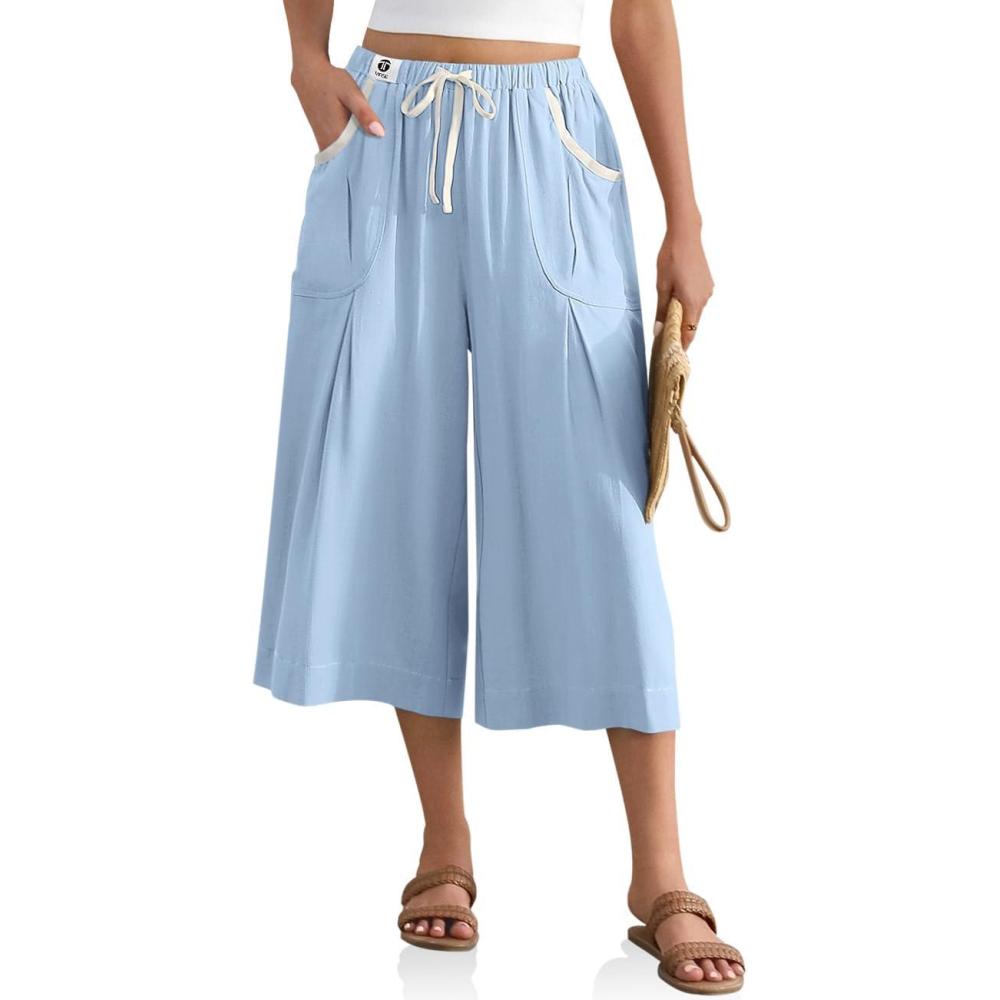 image:imageTARSE Linen Capri Pants for Women Drawstring Waist Loose Fit Casual Wide Leg Summer Beach Vacation Lounge PantsAqua Blue