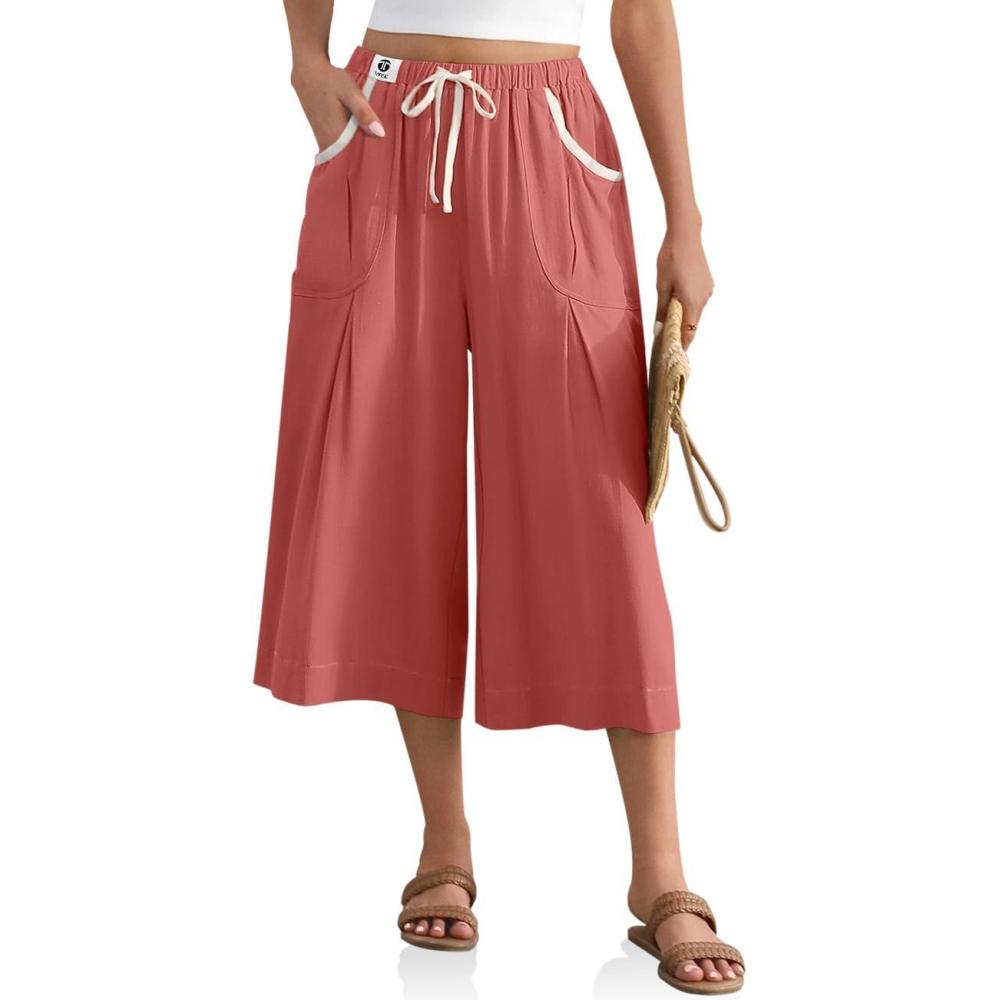 image:imageTARSE Linen Capri Pants for Women Drawstring Waist Loose Fit Casual Wide Leg Summer Beach Vacation Lounge PantsRust Red