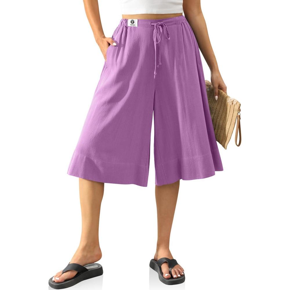 image:imageTARSE Womens Linen Culottes Pants Flowy Wide Leg Drawstring Casual Summer Loose Elastic Waist Capri Pants with PocketsGrape Purple
